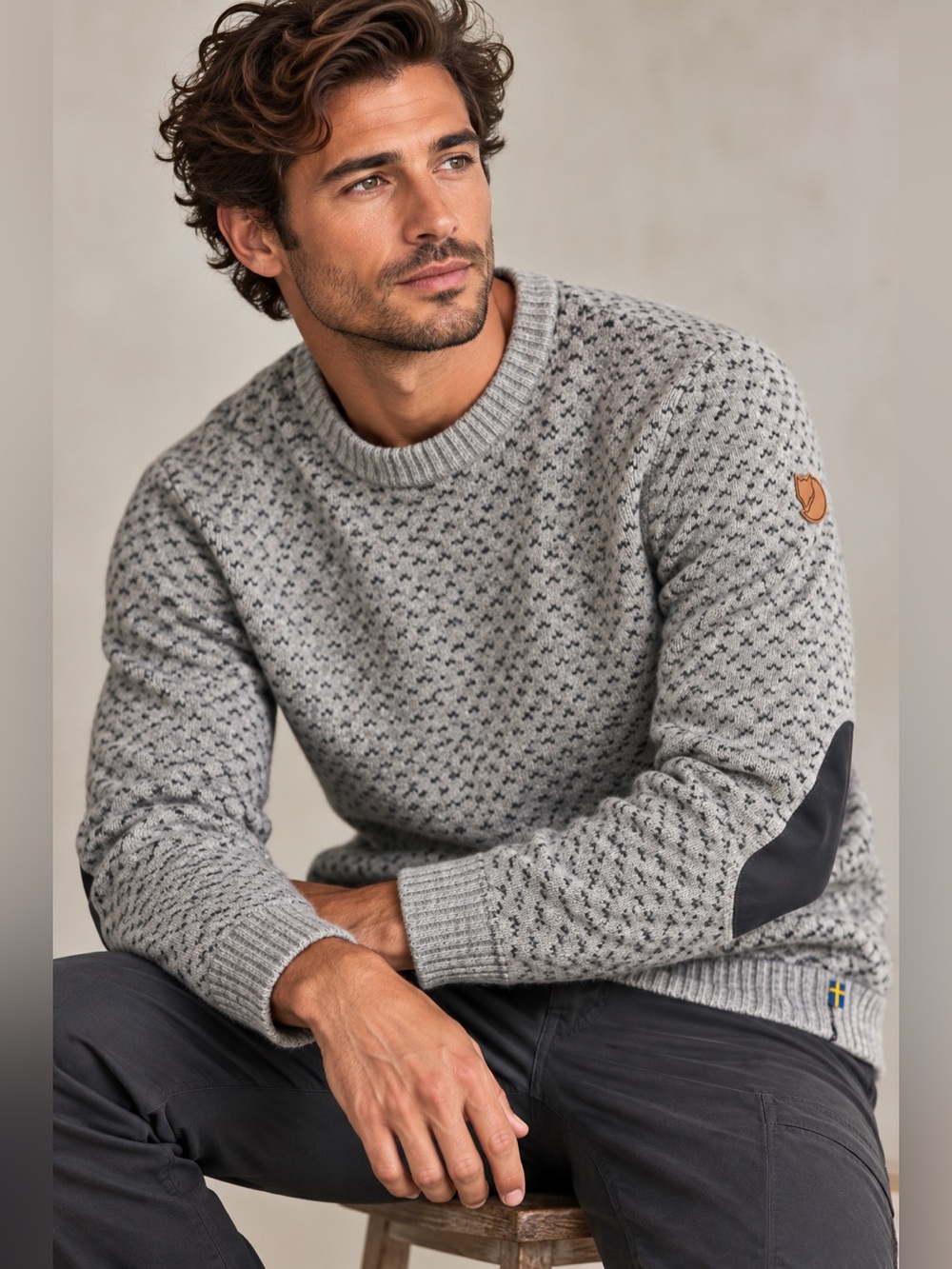 Fjällräven Övik Wool Knit Sweater Gray Nordic Elbow Patches Men’s S